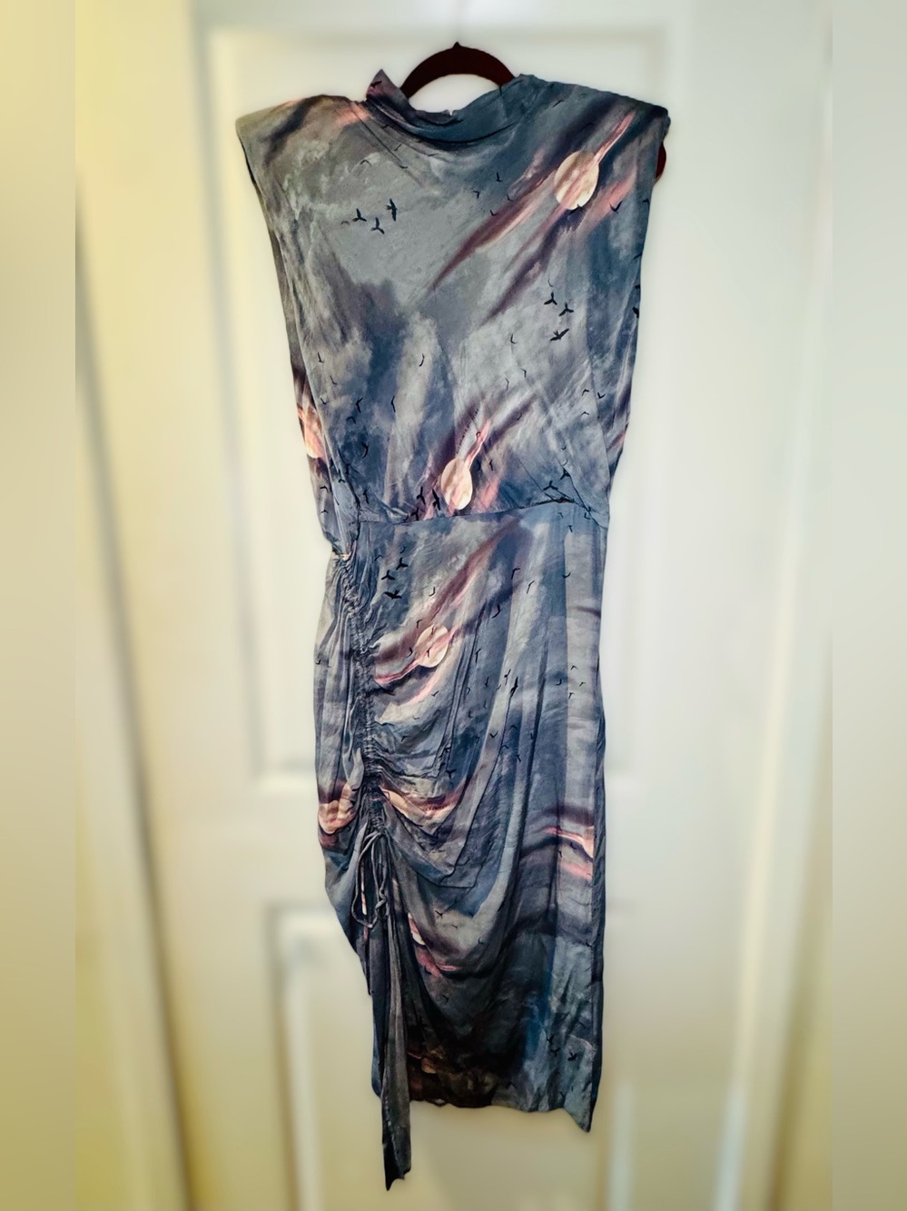 AllSaints ISA JASMIN Moon / Sunset Print Adjustable Ruched Midi Dress Gray US 10